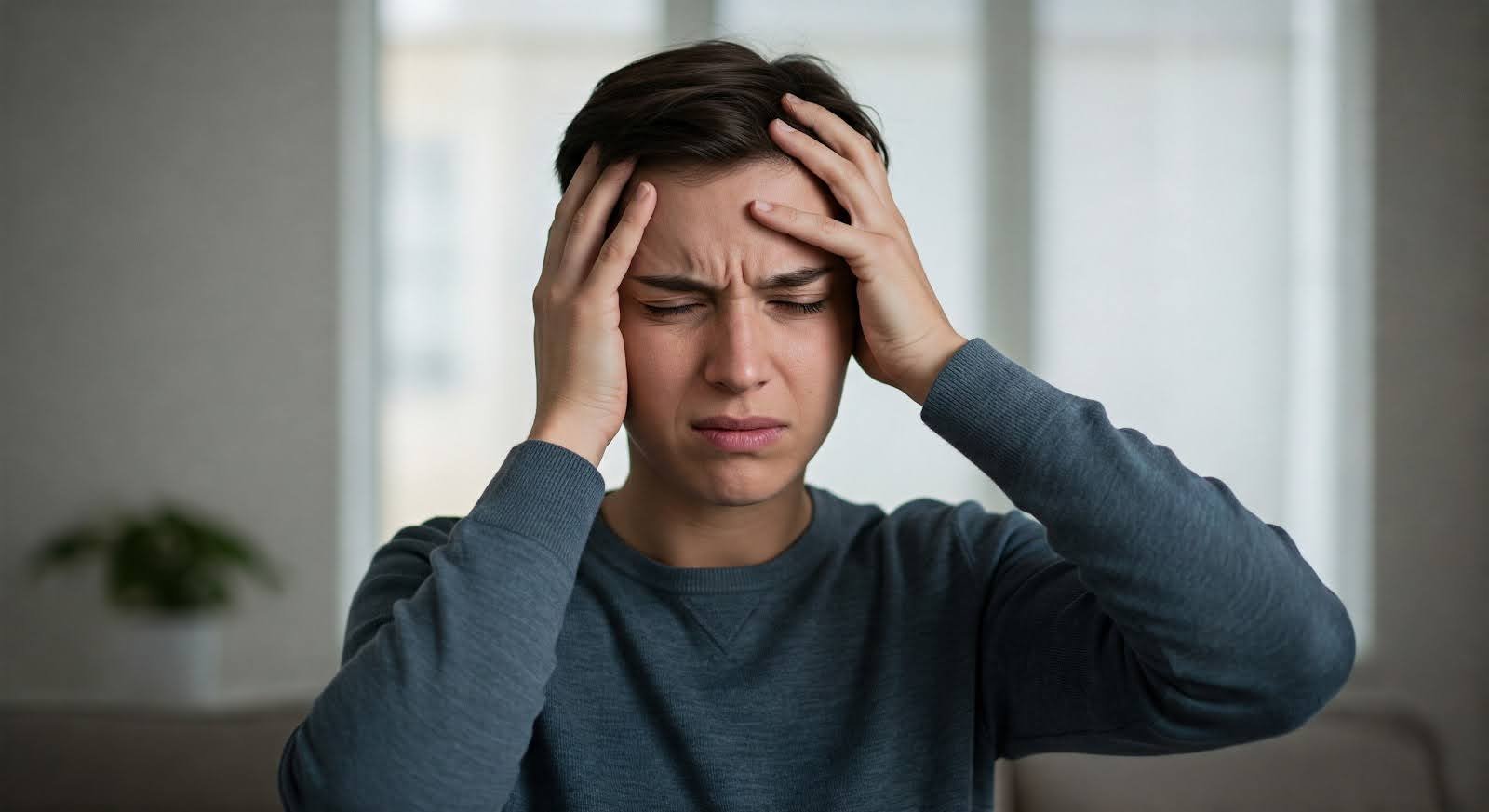 Person suffering from the pain from a concussion